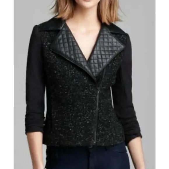 EUC Bailey 44 Nordstrom Tweed Faux Leather Quilted Collar Trim Moto Jacket Size - Picture 1 of 11